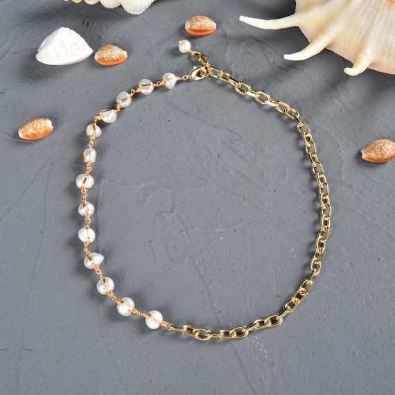 Paperclip Chain & Wire Wrapped Pearl Chain  Necklace. White Pearl Necklace. Necklace for Bridesmaid. Simple Style Necklace.