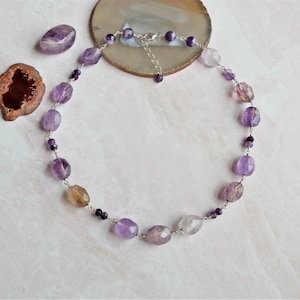 Natural Amethyst and Ametrine Beaded Wire Necklace. Faceted Cut Genuine Purple Stone Choker Short Style Necklace for Women. February gift.