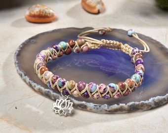 Sterling Silver Lotus Charm and Sea Sediment Jasper Hand Beaded Braided Shamballa Pull String Bracelet. Natural Stone Yoga Healing Bracelet.