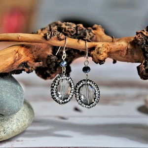 Black-Diamond Crystal Oval Drop Earring. Druzy Pave Clear Gray Crystal Dangle Earring. Drop Earring with Sterling Earring Wire. Gift for Her