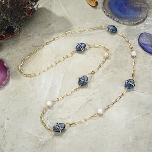 Druzy Pave Kyanite Chain Link Necklace. Kyanite and Pearl Long Station Necklace. Gemstone and Pearl Gold Paperclip Chain Fashion Necklace.