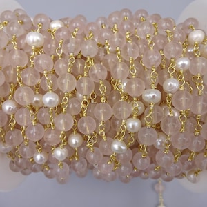 2Ft. 6MM Rose Quartz & 5-6MM Cultured Pearl in Gold Colored Chain. Wire Wrapped Gemstone Chain. Non Tarnish Sterling Plated Wire.