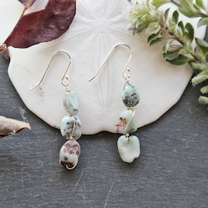 Hand made larimar drop earrings.  wire wrapped trio-larimar dangled earrings.  beaded-wire zigzag freeform larimar linear earrings.