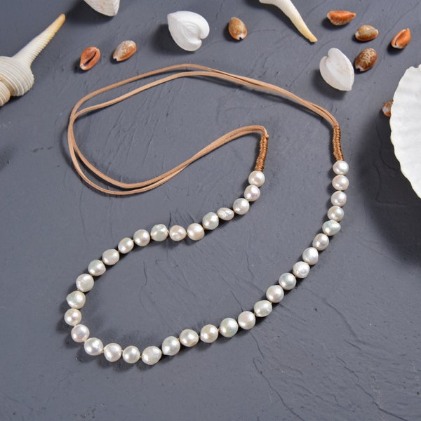 Beaded Freshwater Pearl & Leather Necklace. Elegant Pearl Necklace. Pearl Statement Necklace.