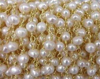 2Ft.3-4MM Fresh Water Pearl Potato Shaped Rosary Style Beaded Chain. Premier quality Non Tarnish Gold Chain