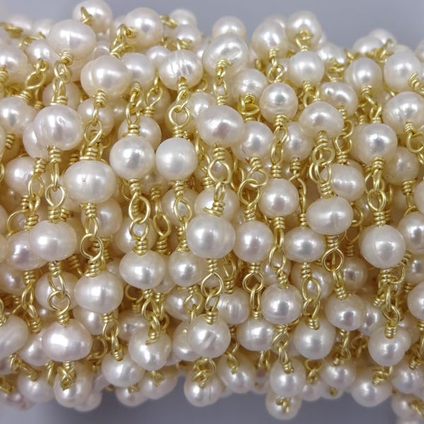 2Ft.3-4MM Fresh Water Pearl Potato Shaped Rosary Style Beaded Chain. Premier quality Non Tarnish Gold Chain
