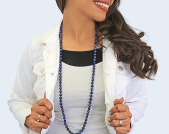 Beaded genuine lapis lazuli necklace. lapis chakra necklace. lapis mala necklace.  endless infinity 108 beads.  hand knotted necklace.