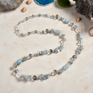 Beaded Aquamarine Multi-stone Necklace. Beaded Long Cluster Necklace.  Hand Made Statement Necklace. Pastel Blue Necklace.