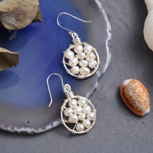 Beaded Pearl Hoop Earrings. White Pearl Drop Earrings.  Bird Nest Drop Earrings. Bridal Earrings. Circle Earrings.