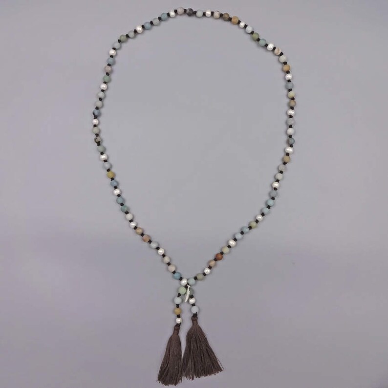 Long knotted Cultured fresh water Pearl /& Genuine Matte finish amazonite beads stone Sterling silver feather charm necklace with tassels