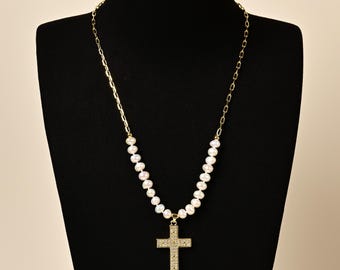 Freshwater Pearl & Gold Link Necklace with Pave Cross Pendant.