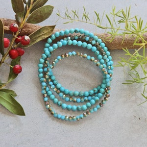 4MM Blue Turquoise and Crystals Stackable Set of 4 Pieces Bracelets. Natural Stone Chakra Bracelets.