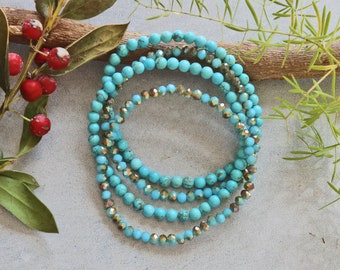4MM Blue Turquoise and Crystals Stackable Set of 4 Pieces Bracelets. Natural Stone Chakra Bracelets.