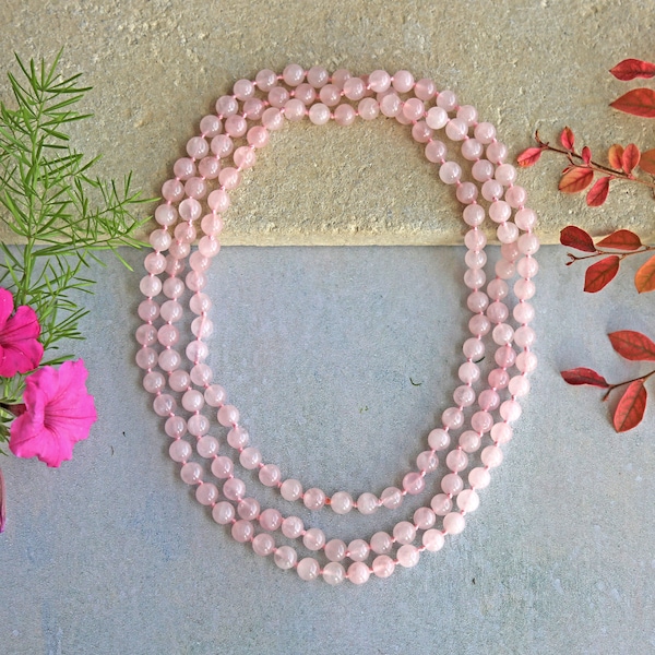 60" 8MM Polished or Matte Finish Genuine Rose Quartz Endless Infinity Beaded Long or Multi-strand Mala Style Chakra Necklace. Pink Necklace.