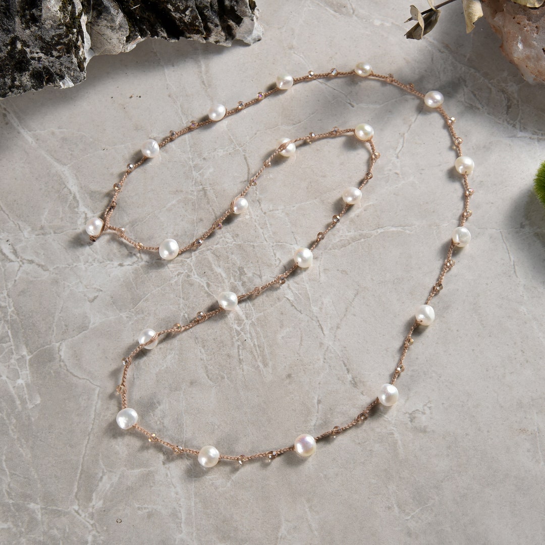 Handed Beaded Baroque Pearl Crystal Crochet Long Necklace