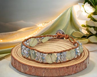 プレナイトのシングルラップブレスレット。ハンドメイドジュエリー。ヒーリングクリスタルブレスレット