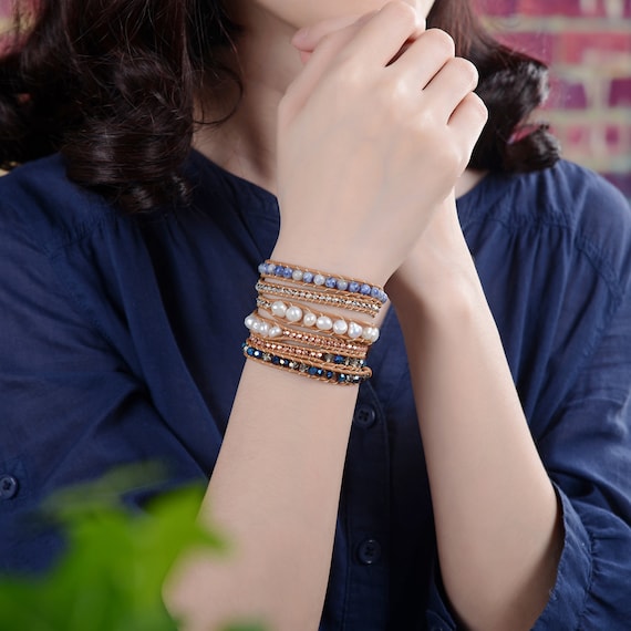 Bracciale avvolgente in pelle con perline labradorite per donne