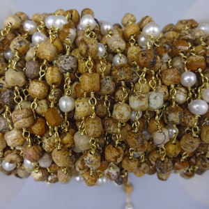 2FT6MM Picture Jasper Faceted Cut Cubes & 5-6MM Cultured Pearl in Gold Colored Chain. Wire Wrapping Chain. Non Tarnish Sterling Plating Wire