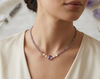 Amethyst & Freshwater Pearl Pendant Necklace with Gold Accents.