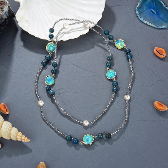 Collier Multi Perles Bleu Et Blanc - Modèle C24 - Occasion - Style Bohème