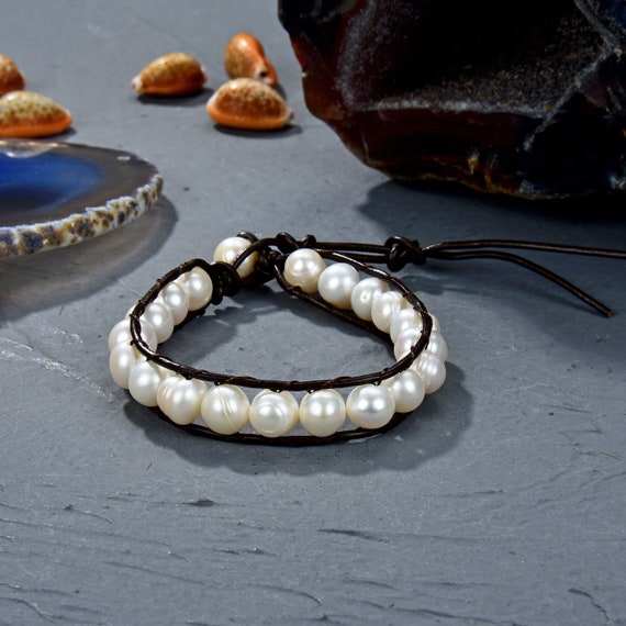 Bracelet Perles D'eau Douce, Cuir Et Argent 925 - Neuf Avec étiquettes - Origine Hong Kong