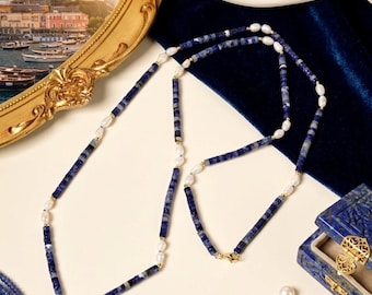 Sodalite, Freshwater Pearl & Gold Accent Long Necklace.Genuine Sodalite.and Cultured Fresh Water Pearl and Crystals Necklace.