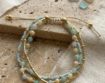 Triple Strand Crystal, Gemstones & Seed Bead Adjustable Shamballa Bracelet.