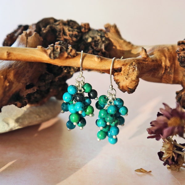 Matte Azurite Cluster Earrings. Blue Green Tone Statement Earrings. Beaded Gemstone Cluster Dangle Earrings. Hypoallergic Earrings.