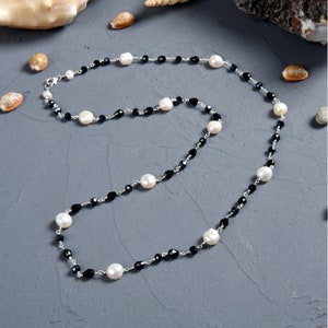 Large Semi-baroque Pearl and Crystal Station Necklace. Long Pearl Station Necklace. Real Pearl.Gift For Her. White and Black Necklace.