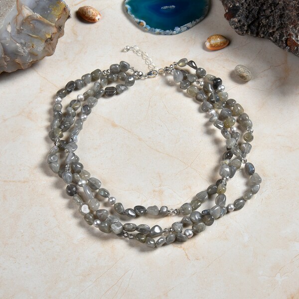 Multi 3 Strand Genuine Flashy Labradorite Nugget and Natural Pearl Beaded Chunky Bib Collar Statement Necklace. Gemstone Boho Necklace.