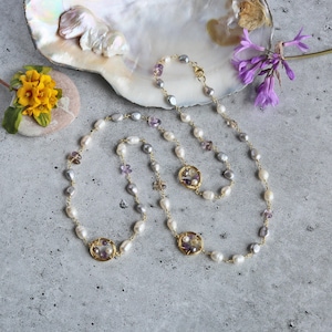 Pearl amethyst beaded hoop necklace. pearl and gemstone necklace.freshwater pearl necklace. amethyst necklace. gift for women.