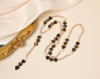 Tiger's Eye & Freshwater Pearl Lariat Necklace – Handcrafted Heart Gemstone Necklace with Crystal Accents.
