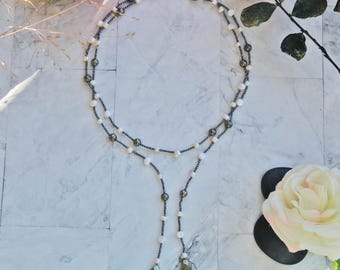 Open lariat hematite and freshwater pearl necklace.  beaded pearl chain necklace. bridal jewelry.