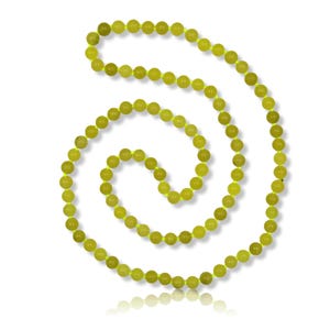 May include: A long necklace composed of round, light green beads. The beads are strung together with a matching light green cord, forming a spiral shape against a white background. The beads have a smooth, polished appearance.