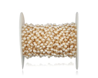 Bold Gold Meets Classic Pearls.2Ft.3-4MM Fresh Water Pearl Potato Shaped Rosary Style Beaded Chain. Premier quality Non Tarnish Gold Chain