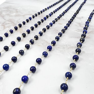 2Ft. 6MM Genuine Lapis Lazuli Polished in Gold Colored Chain. Wire Wrapping Lapis Chain. Non Tarnish Silver Plating Wire.