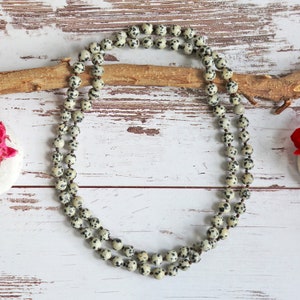 36 Inch 8MM Polished Finish Genuine Dalmatian Jasper Long Endless Infinity Beaded Mala Chakra Strand Necklace for Men or Women.