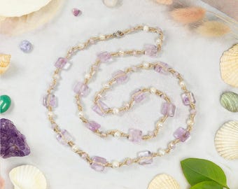 Amethyst and Freshwater Cultured Pearl Necklace. Pearl necklace.  Gift for mom. Bridesmaid gift.