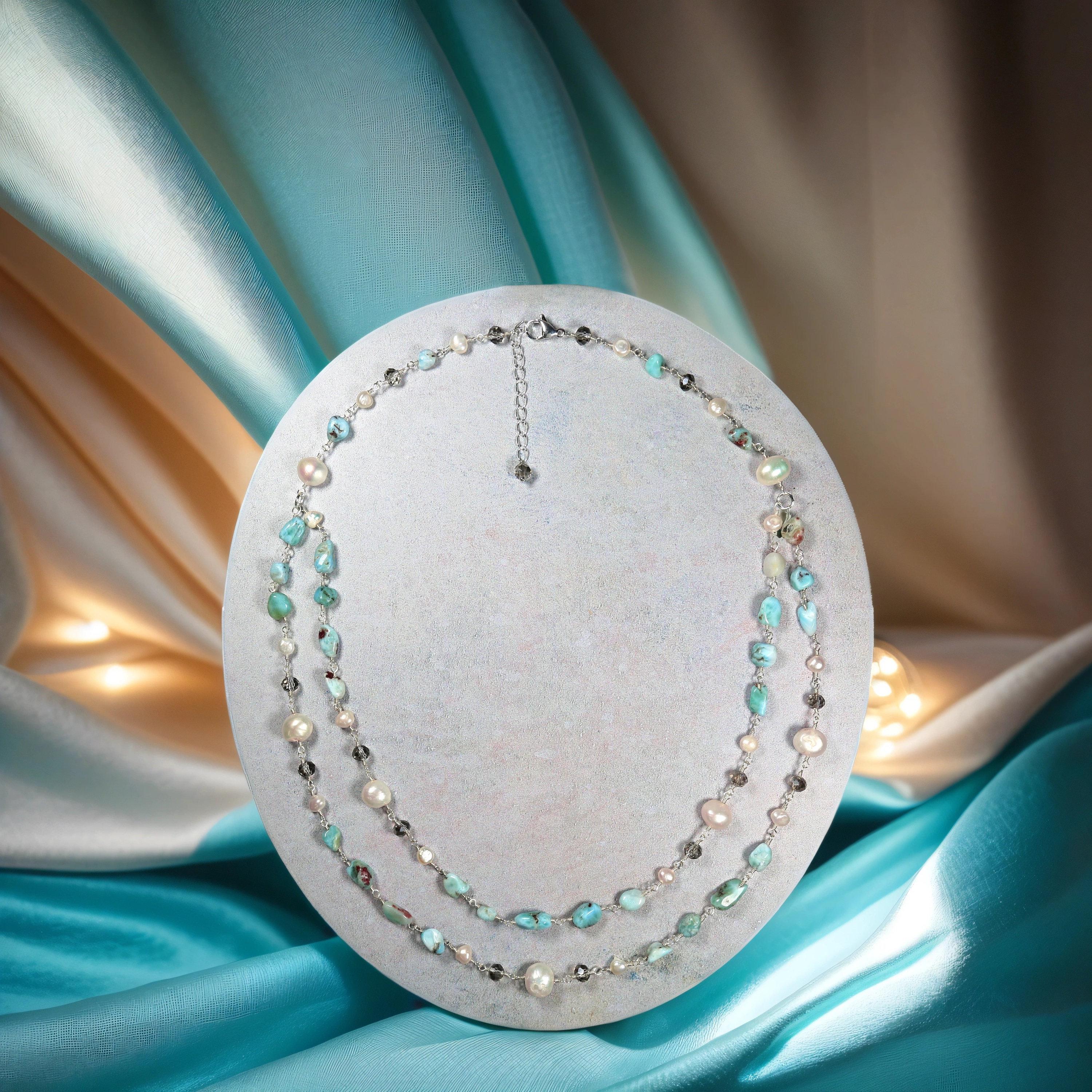Larimar and freshwater pearls necklace. hand wired gemstone necklace. larimar and pearl necklace. blue white necklace.