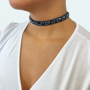 MGR Super Versatile Shimmering Midnight Blue Crystal and Leather Choker or Bracelet. Adjustable Length. image 2