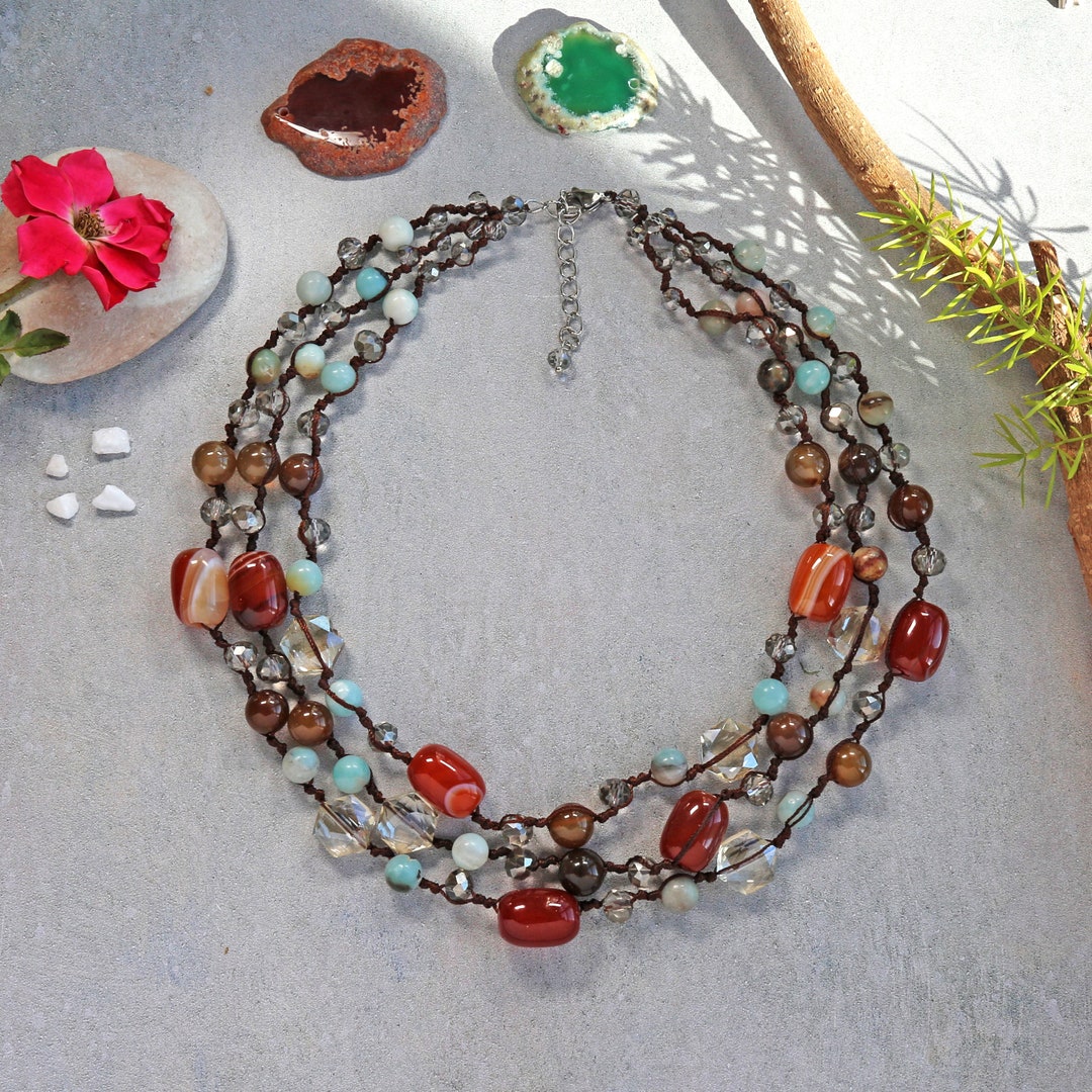 Multi Strand Statement Gemstone Necklace. Chunky Necklace. Multi Strand