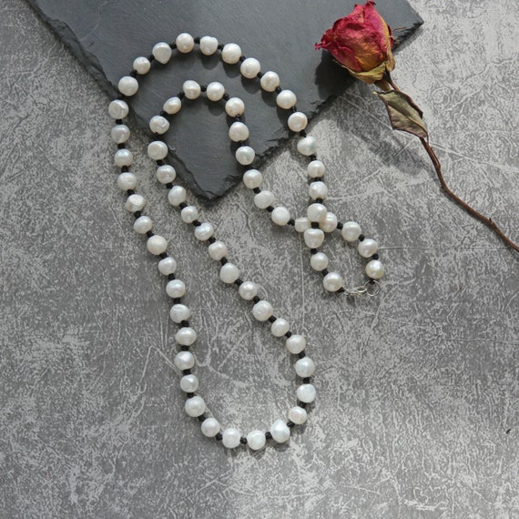 Long Baroque Pearl Necklace Beaded With Black Satin Cord