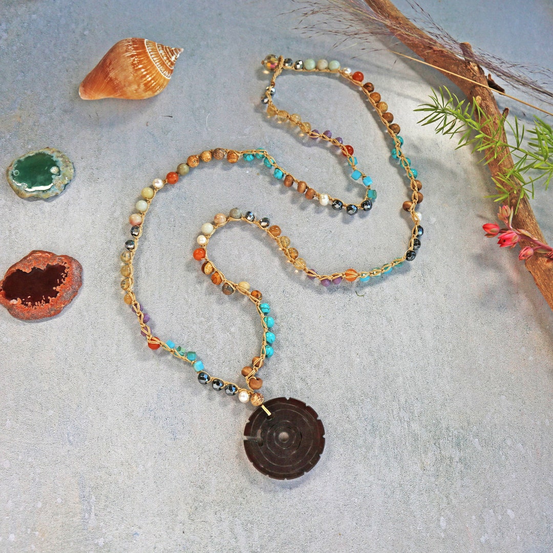 Jade Pendant Necklace. Multi Gemstone Crocheted Necklace. Hand Carved