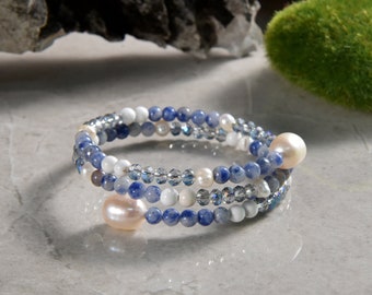 3-Wrap Memory Wire Multi-stone Bracelet. Super Chic Mix Stone Bracelet with Cultured Freshwater Pearl Cap on Each End