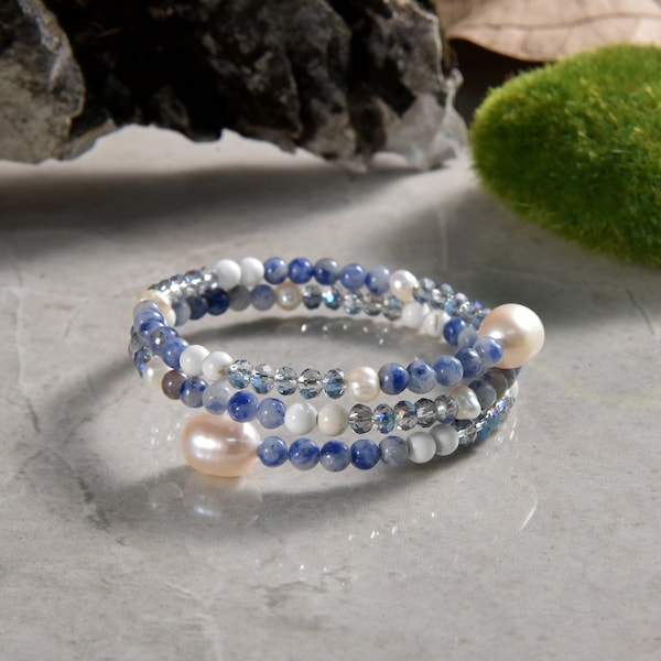 3-Wrap Memory Wire Multi-stone Bracelet. Super Chic Mix Stone Bracelet with Cultured Freshwater Pearl Cap on Each End