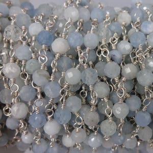 2Ft. 5MM Faceted Aquamarine Rosary Style Beaded Chain. Wire Wrapping Gemstone Chain. Premier quality Non Tarnish Sterling Plating Wire.