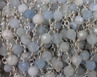 2Ft. 5MM Faceted Aquamarine Rosary Style Beaded Chain. Wire Wrapping Gemstone Chain. Premier quality Non Tarnish Sterling Plating Wire.