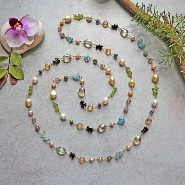 Multi gem stone station necklace. multi color necklace. agate necklace beaded  gold colorchain.   hand wired multi-stone necklace.