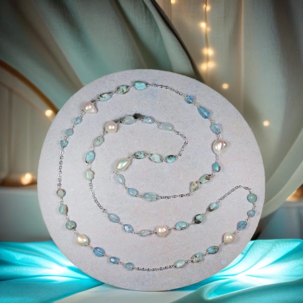 Larimar, aquamarine and freshwater pearls necklace.hand wired gemstone necklace.  larimar and pearl necklace.  blue white necklace.