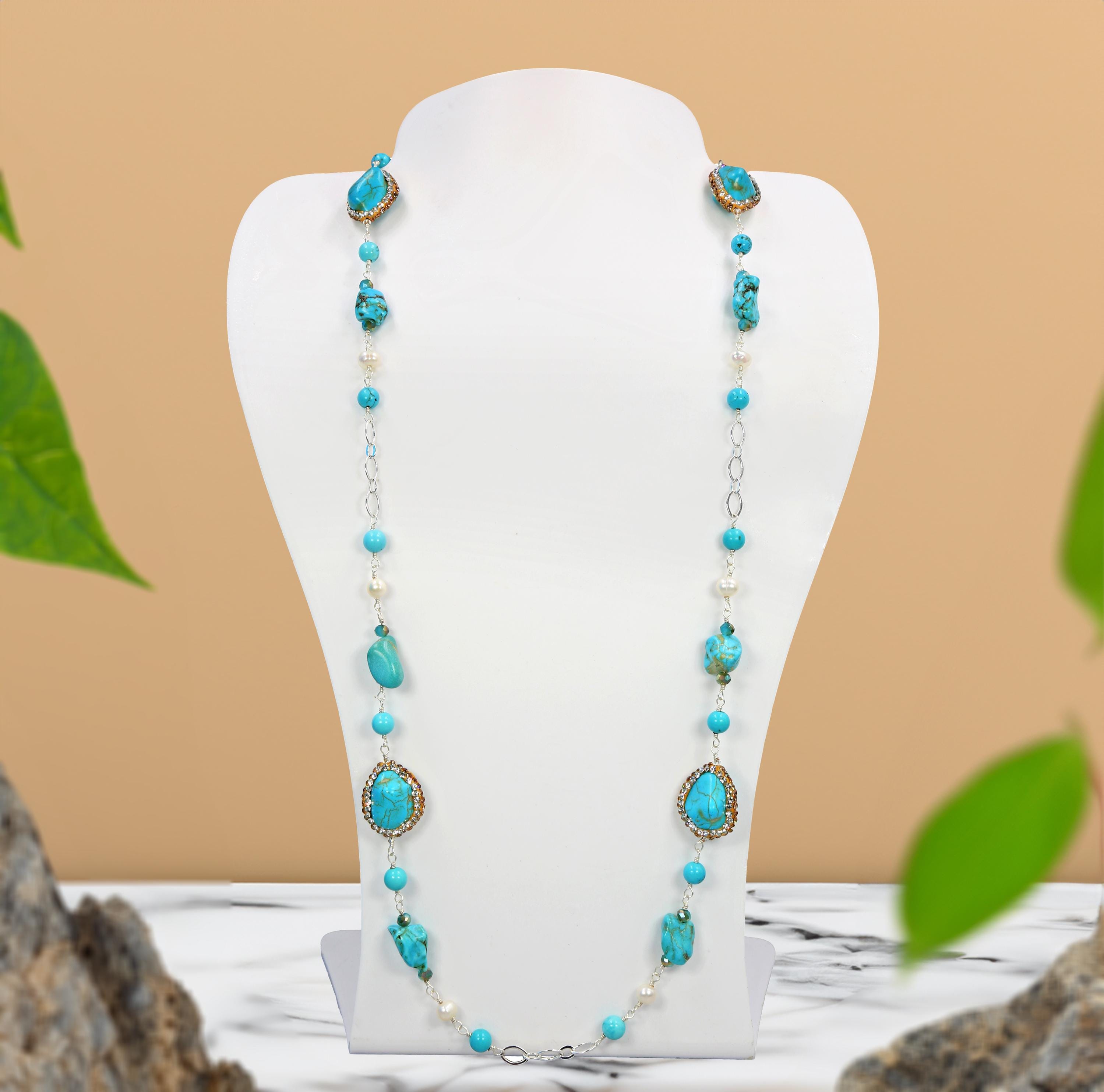 Collier Vintage Perles De Culture Et Turquoise - Bijou Ancien En Très Bon État